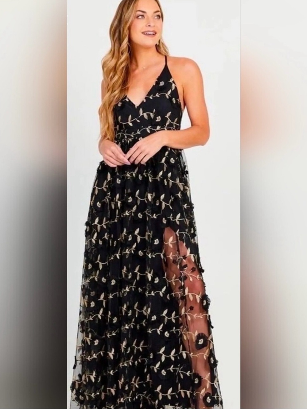 Altar'd State Arabella Black Maxi dress with black and gold embroidery